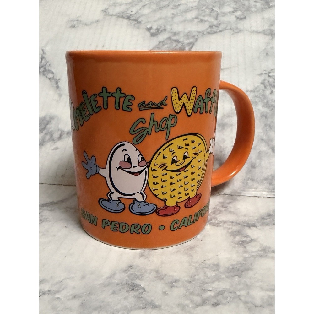 Anthropomorphic Omelette Waffle Shop Coffee Mug San Pedro Restaurant Cafe Blue